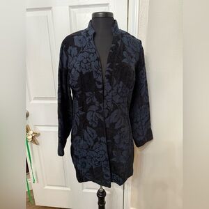 Molly & Maxx Petite Floral Brocade Coat Blue Black textured size Large NWT
